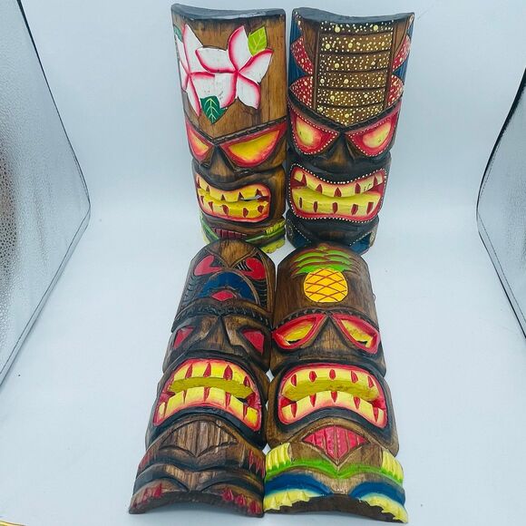 Set 4 Vintage Wooden Tiki Hut Hand Carved Polynesian Style Wall Masks Bar Decor - Picture 5 of 7